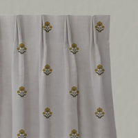 Green / Yellow Floral Linen Pleated Curtains - Penelope Yellow Green - Natural base fabric.
