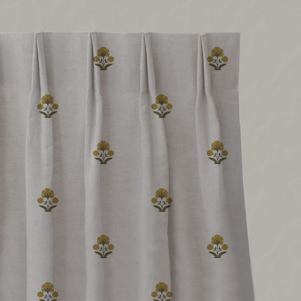 Green / Yellow Floral Linen Pleated Curtains - Penelope Yellow Green - Natural base fabric.
