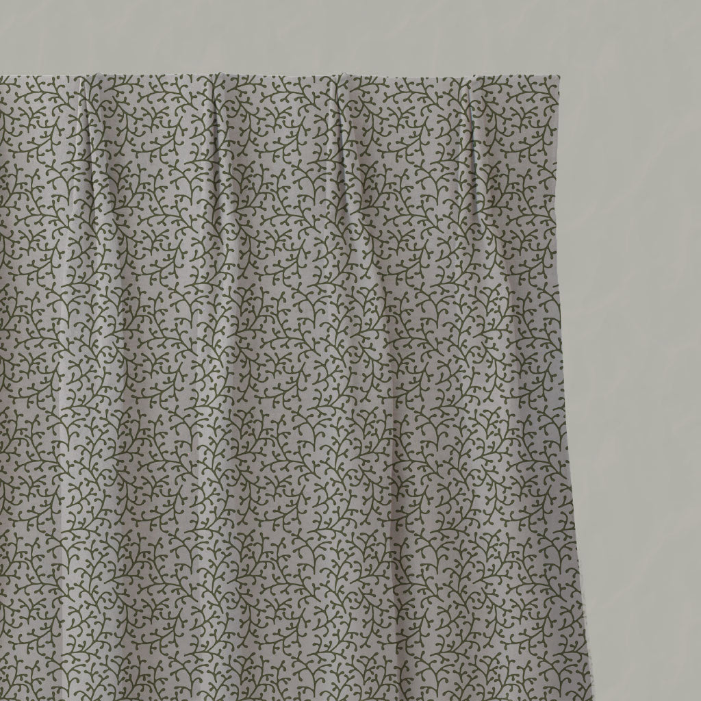Green Botanical Linen Pleated Curtains - Phila Khaki - Natural base fabric.