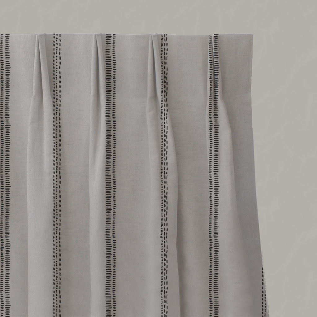 Black Striped Linen Pleated Curtains - Rae Noir - Natural base fabric.