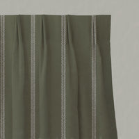 Green Striped Linen Pleated Curtains - Rana Moss - Natural base fabric.