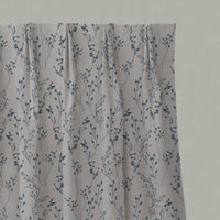 Blue Botanical Linen Pleated Curtains - Saeeda Denim - Natural base fabric.