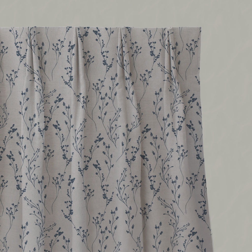 Blue Botanical Linen Pleated Curtains - Saeeda Denim - Natural base fabric.