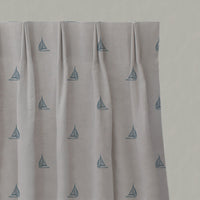 Blue Patterned Linen Pleated Curtains - Sail True Blue - Natural base fabric.