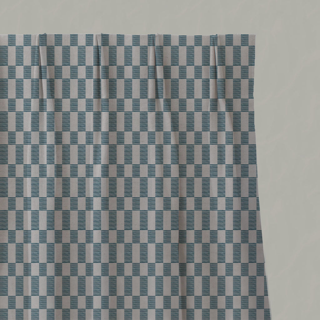 Blue Checked Linen Pleated Curtains - Sunni Blue Stone - Natural base fabric.