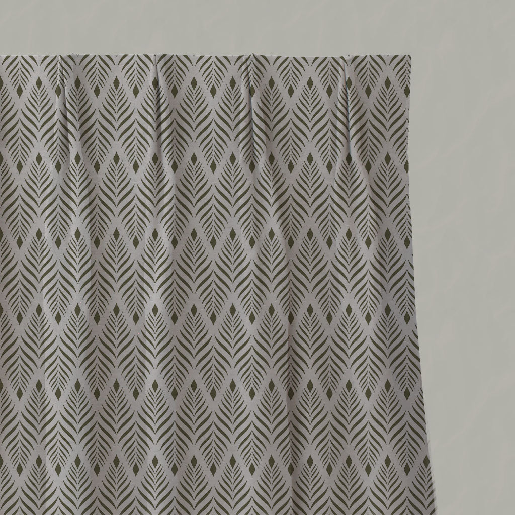Green Patterned Linen Pleated Curtains - Sylvia Seaweed - Natural base fabric.