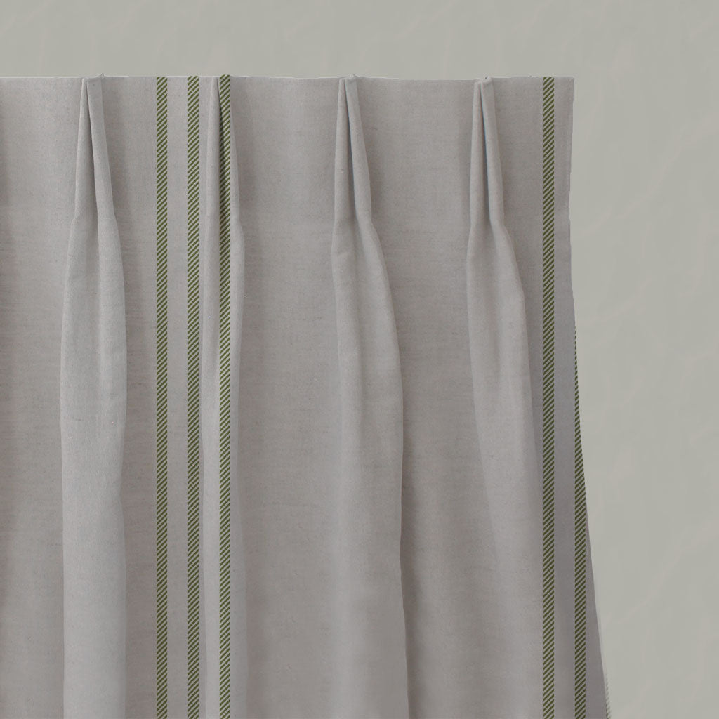 Green Striped Linen Pleated Curtains - Telma Leaf - Natural base fabric.