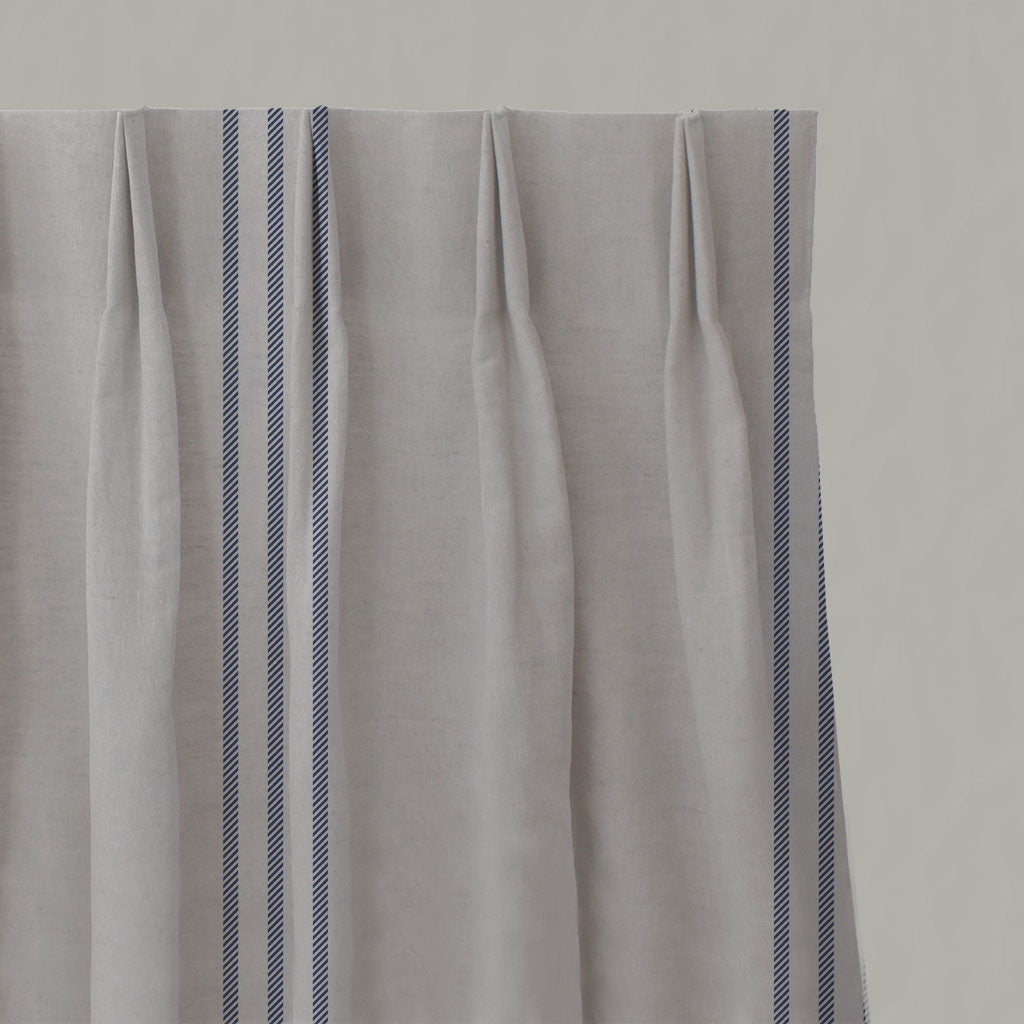 Blue Striped Linen Pleated Curtains - Telma Night Blue - Natural base fabric.