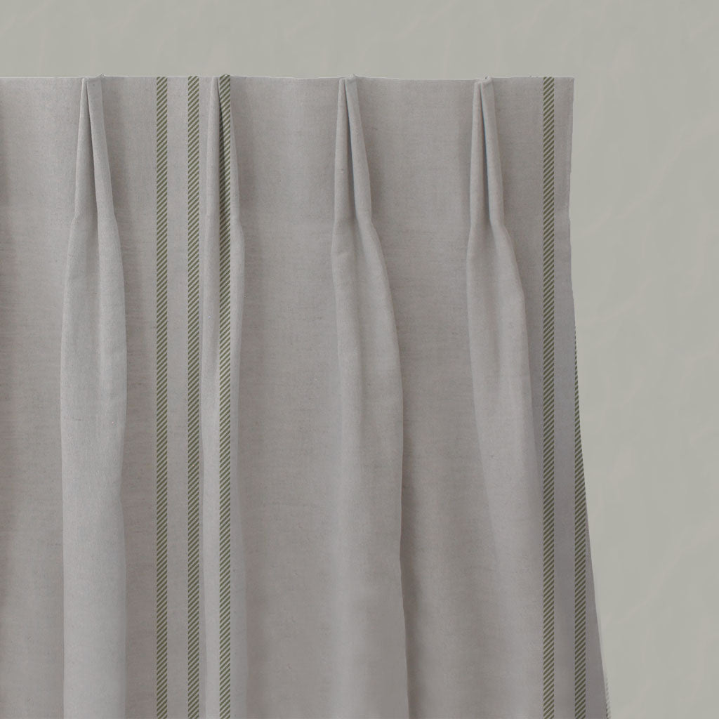 Green Striped Linen Pleated Curtains - Telma Olive - Natural base fabric.
