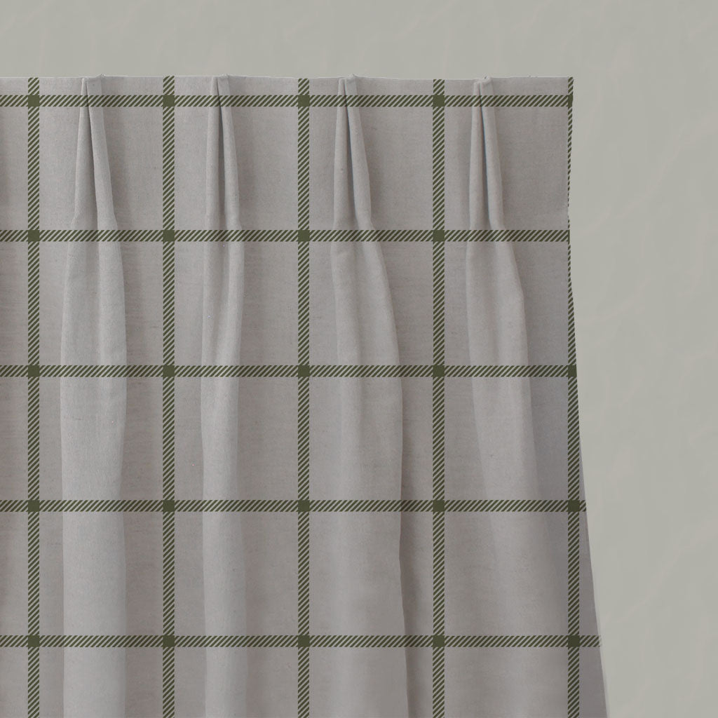 Green Checked Linen Pleated Curtains - Tove Khaki - Natural base fabric.