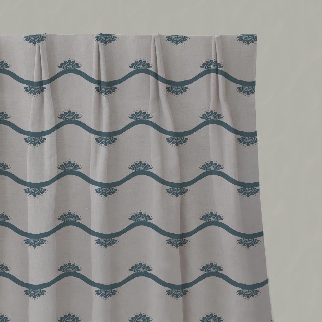 Blue Abstract Linen Pleated Curtain - Nelani Blue Stone - Natural base fabric.