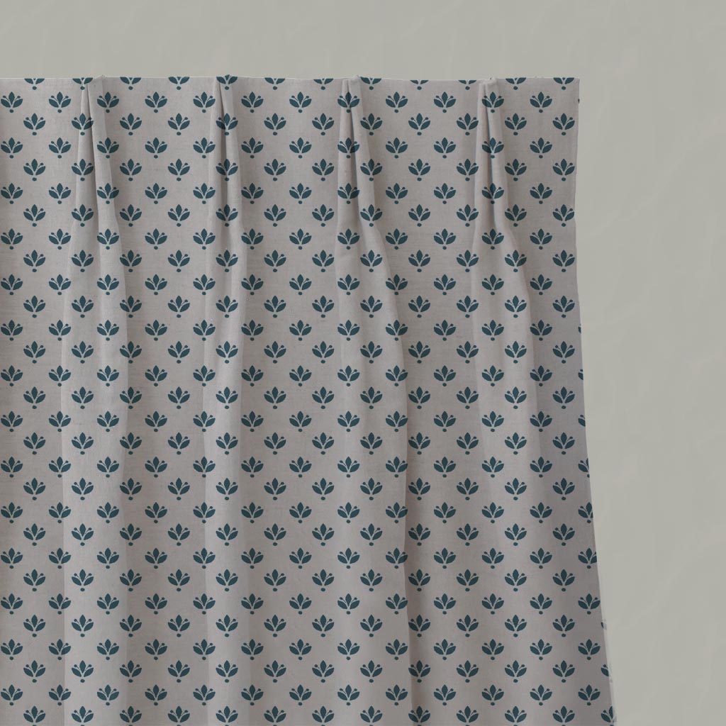 Blue Botanical Linen Pleated Curtain - Olgie Blue Stone - Natural base fabric.