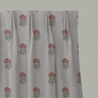 Red Floral Linen Pleated Curtain - Pearlie Crimson Red - Natural base fabric.