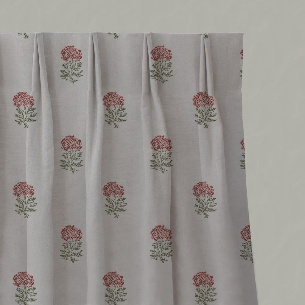 Red Floral Linen Pleated Curtain - Pearlie Crimson Red - Natural base fabric.