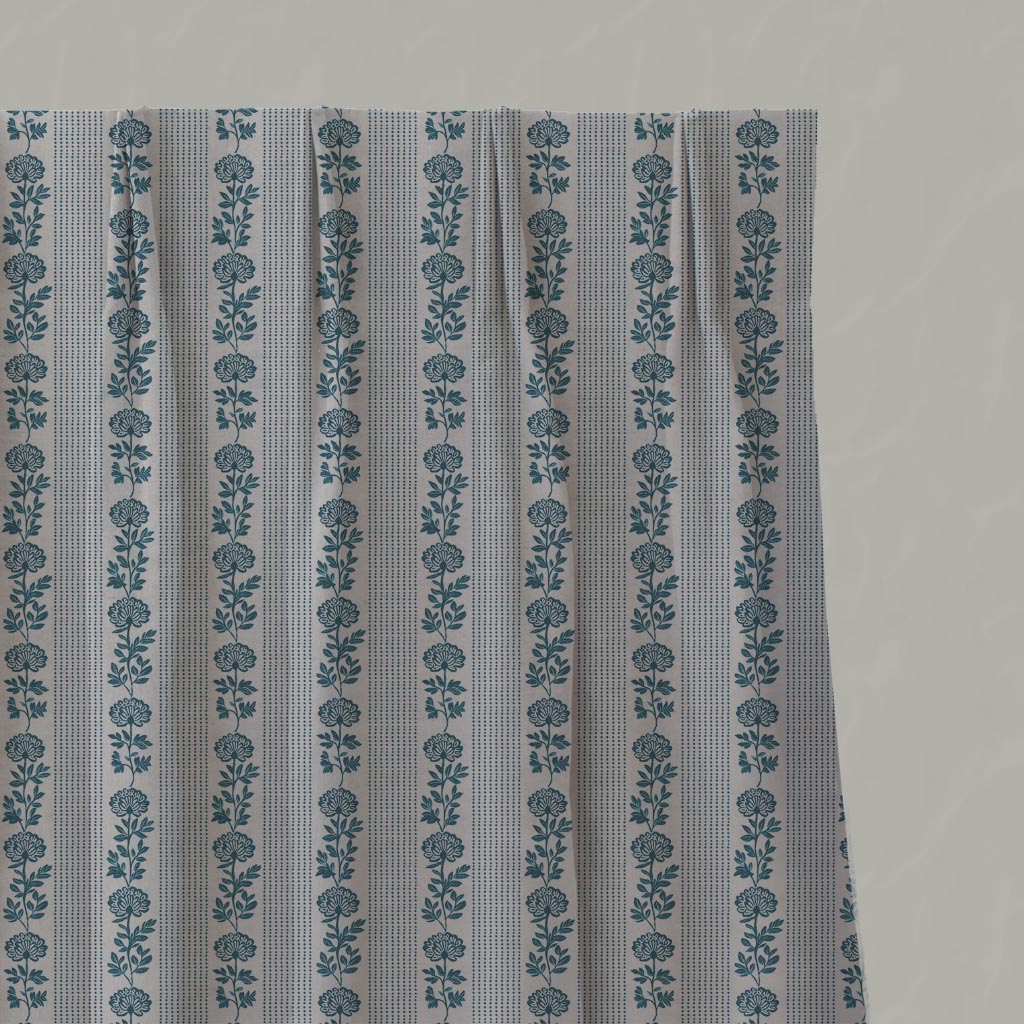 Blue Floral Stripe Linen Pleated Curtain - Skye Blue Stone - Natural base fabric.