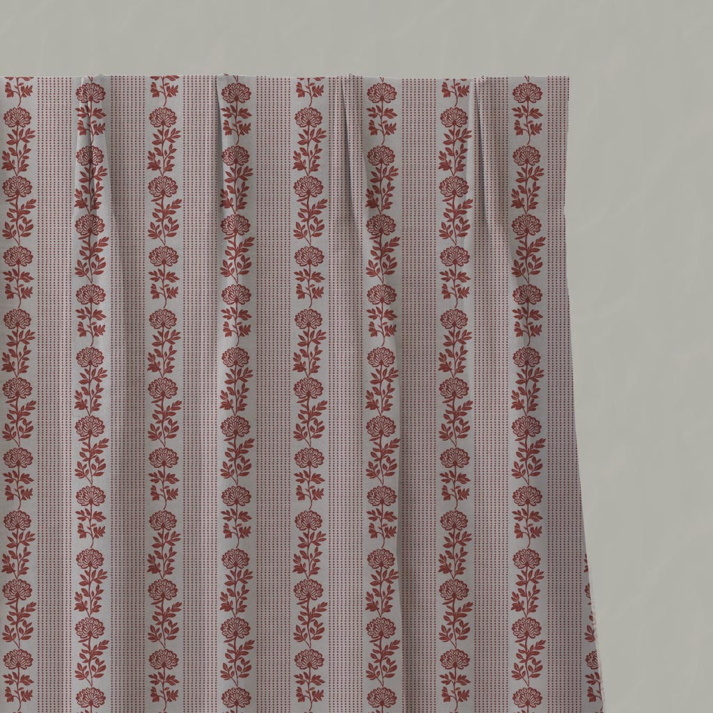 Red Floral Stripe Linen Pleated Curtain - Skye Crimson Red - Natural base fabric.