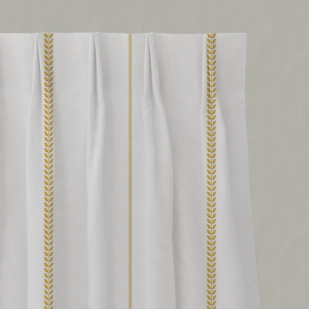 Orange / Yellow Striped Linen Pleated Curtains - Berit Gold Rod - White base fabric.