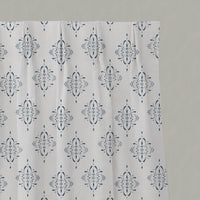 Blue Patterned Linen Pleated Curtains - Britt Ink - White base fabric.