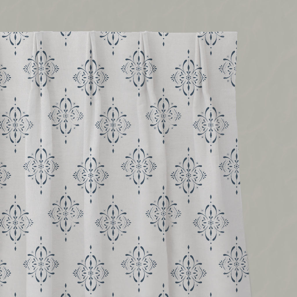 Blue Patterned Linen Pleated Curtains - Britt Ink - White base fabric.