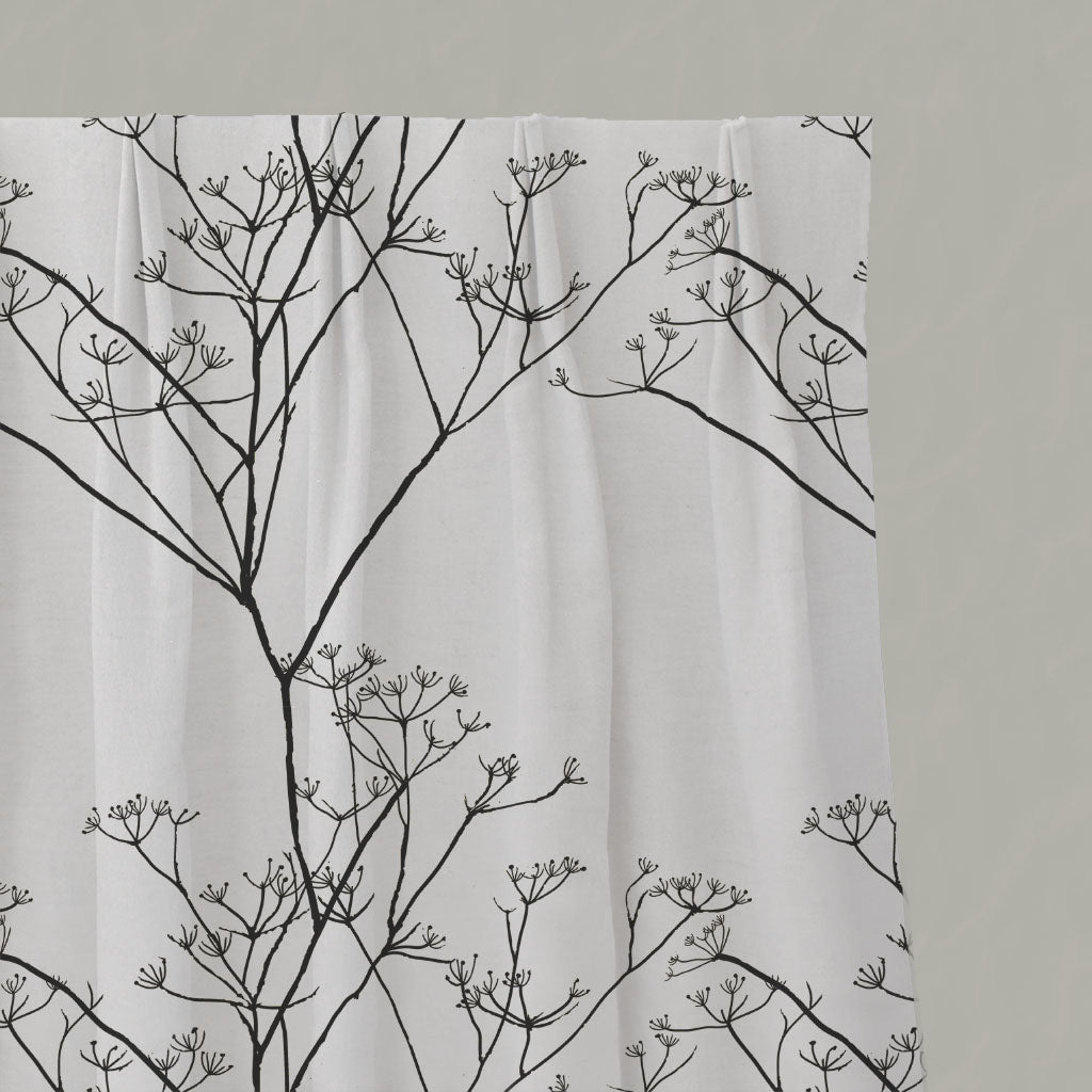 Black Floral Linen Pleated Curtains - Cicely Black - White base fabric.