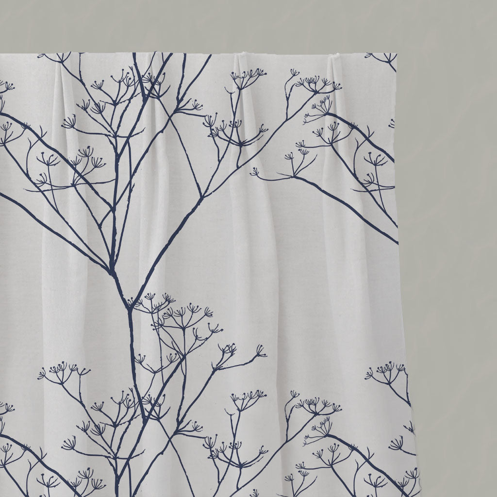 Blue Floral Linen Pleated Curtains - Cicely Deep Blue - White base fabric.