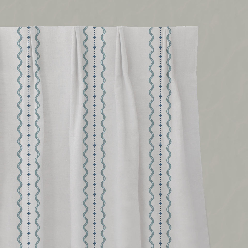 Blue Striped Linen Pleated Curtains - Daphne Blue-WHT - White base fabric.