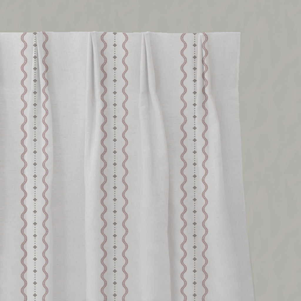 Pink Striped Linen Pleated Curtains - Daphne Peony-WHT - White base fabric.