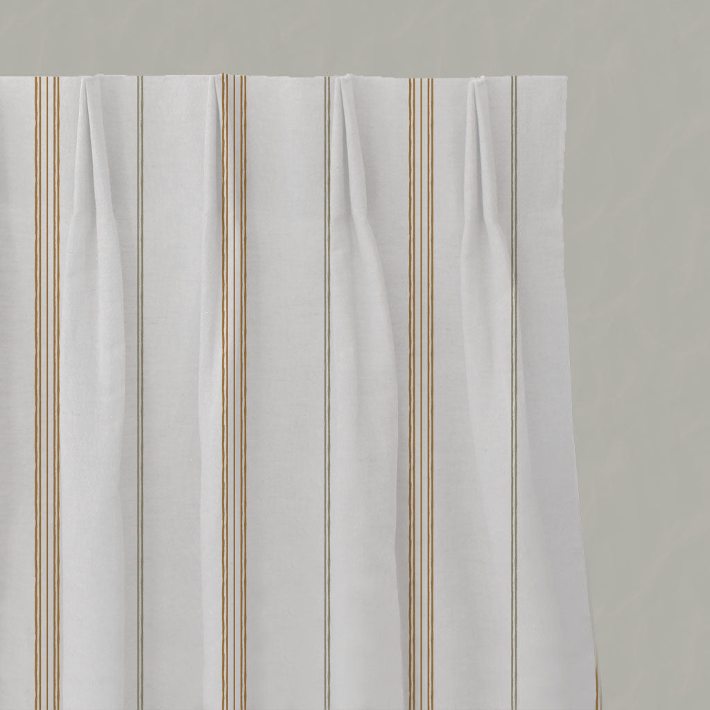 Orange / Yellow Striped Linen Pleated Curtains - Elise Ochre-WHT - White base fabric.