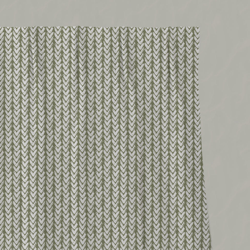 Green Patterned Linen Pleated Curtains - Fia Moss - White base fabric.