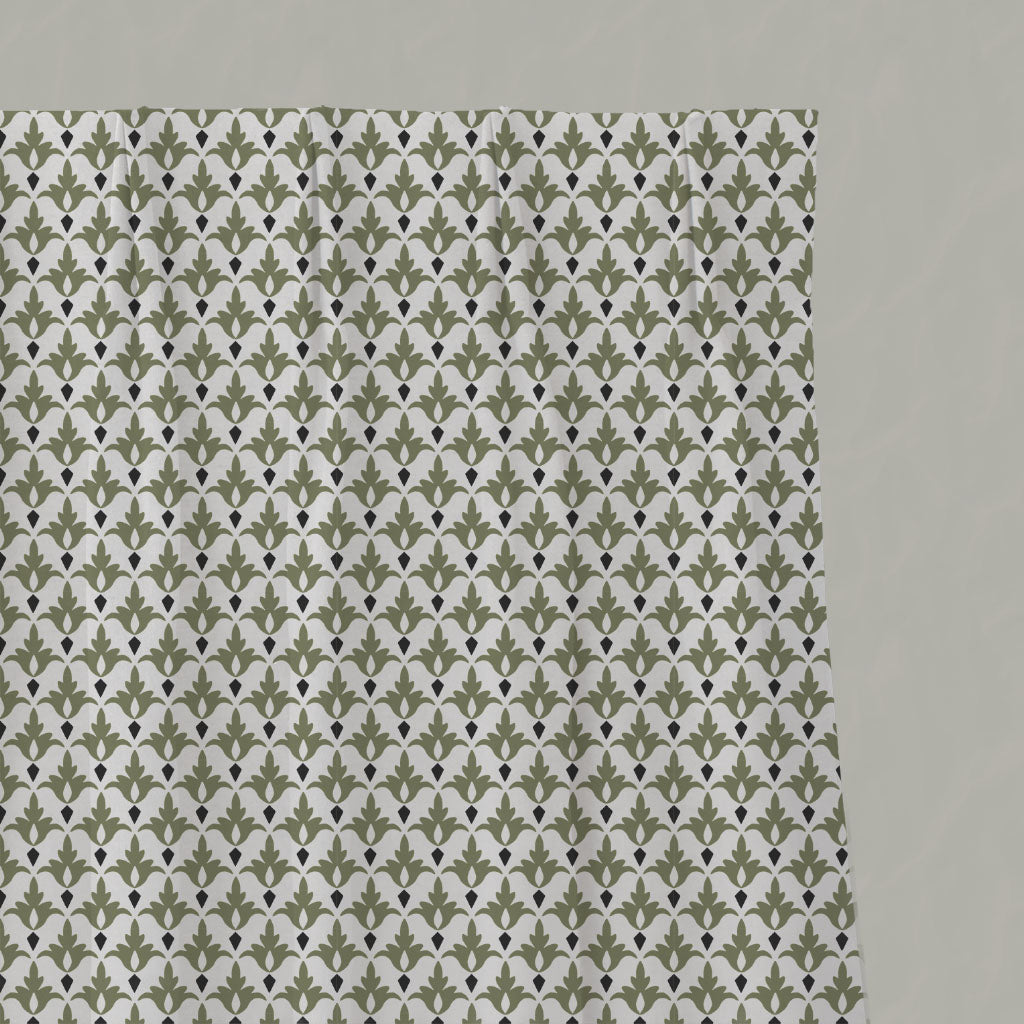 Green Patterned Linen Pleated Curtains - Fiona Moss - White base fabric.