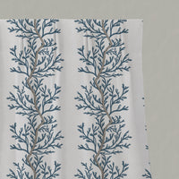Blue Botanical Linen Pleated Curtains - Galilea Blue - White base fabric.
