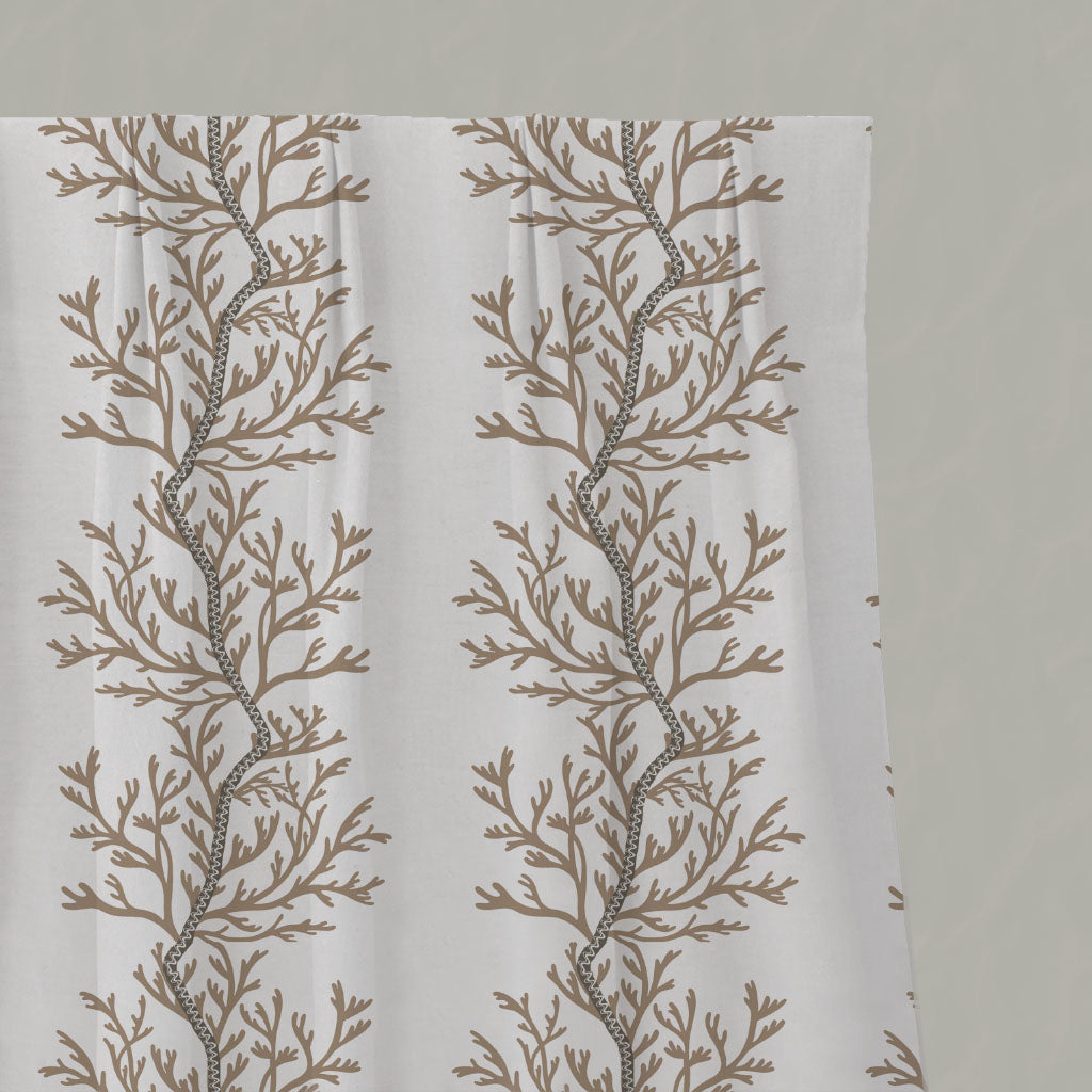 Brown Botanical Linen Pleated Curtains - Galilea Pastel Brown - White base fabric.