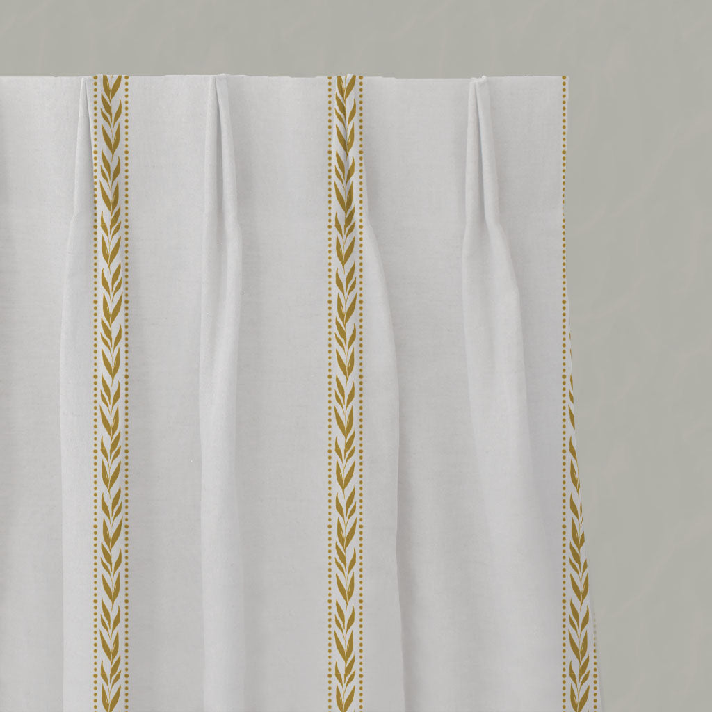 Yellow Striped Linen Pleated Curtains - Helena Gold Rod - White base fabric.