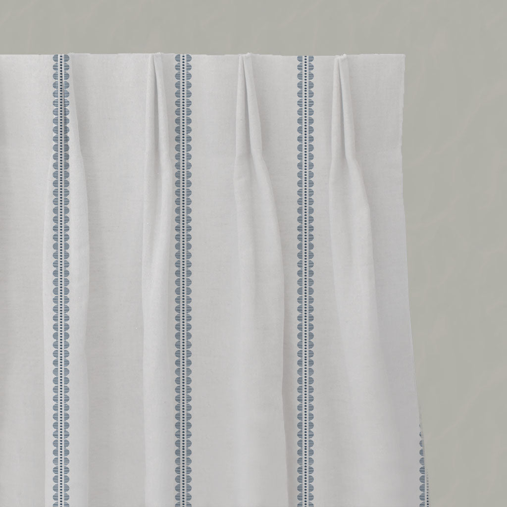 Blue Striped Linen Pleated Curtains - Imogen Ink - White base fabric.