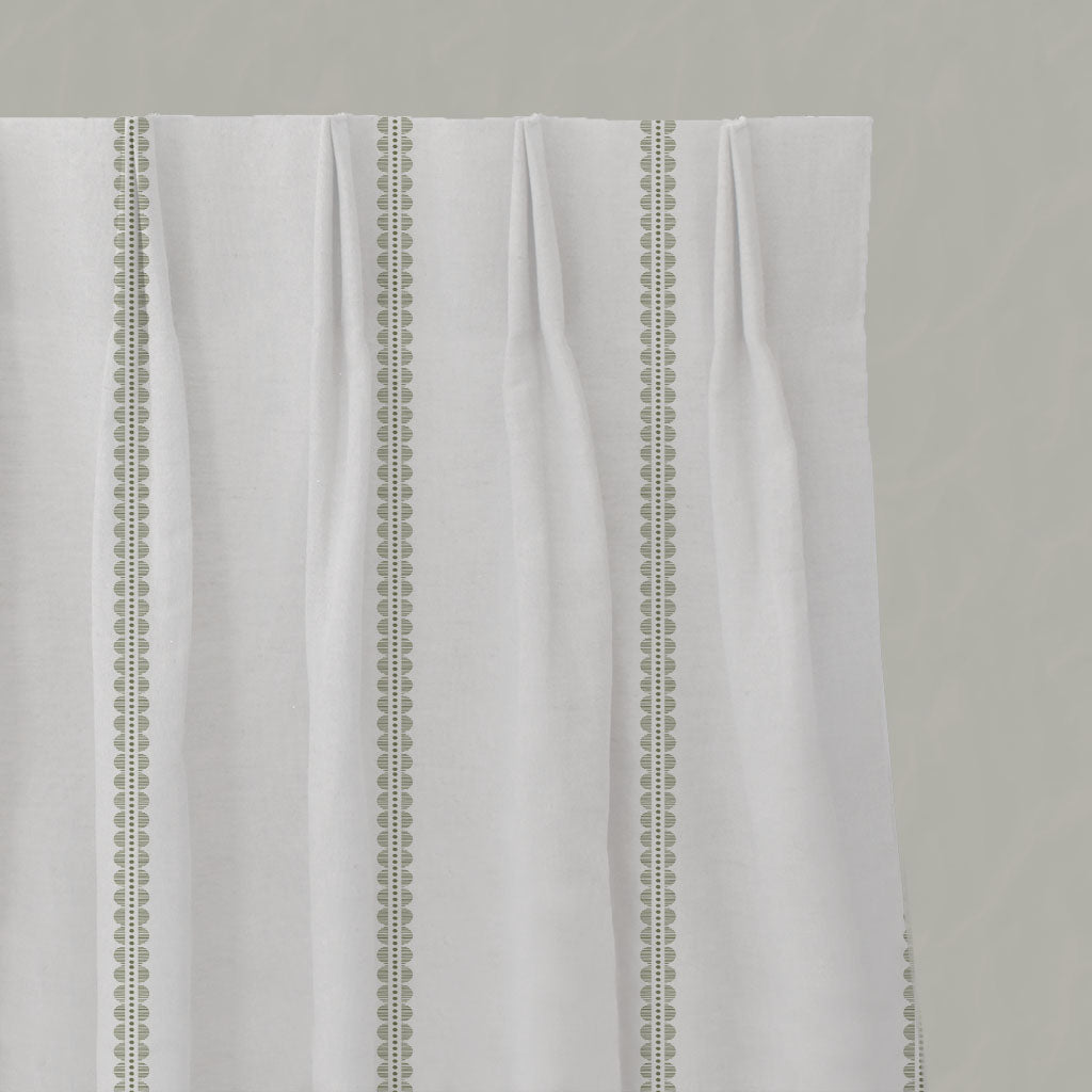 Green Striped Linen Pleated Curtains - Imogen Moss - White base fabric.
