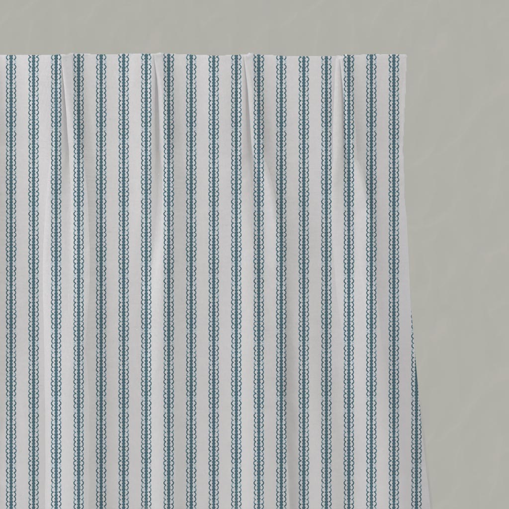 Blue Striped Linen Pleated Curtain - Kamillah Paris Blue-WHT - White base fabric.