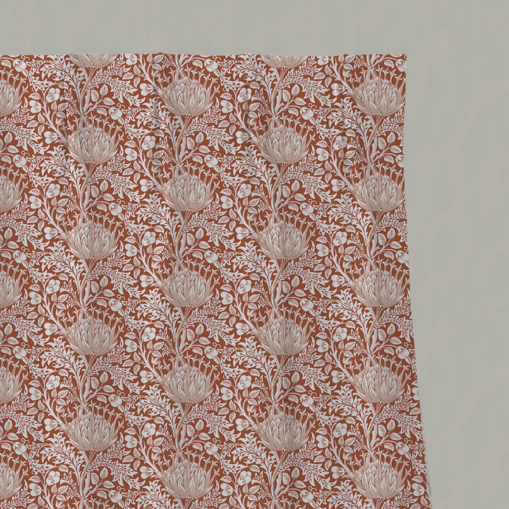 Red / Orange Floral Linen Pleated Curtains - Katarina Terracotta - White base fabric.