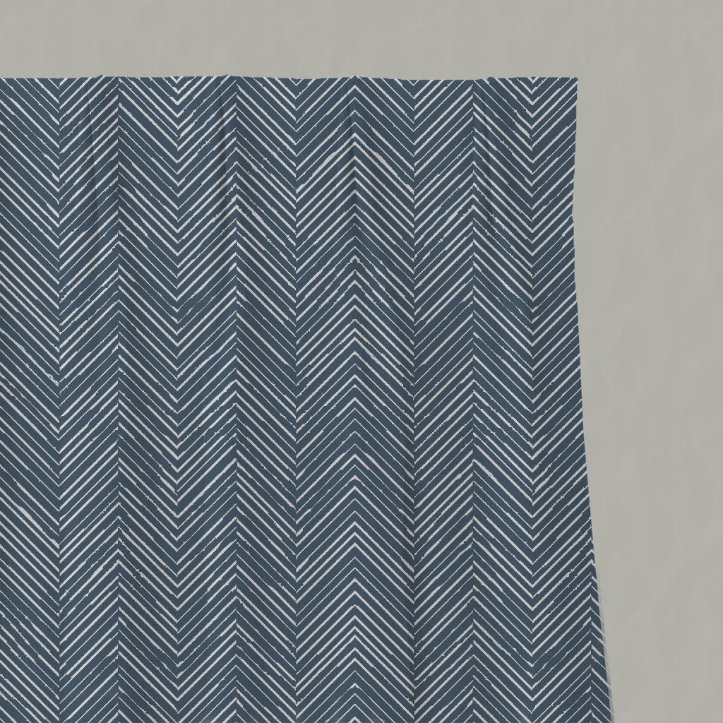 Blue Patterned Linen Pleated Curtains - Lulu Ink - White base fabric.