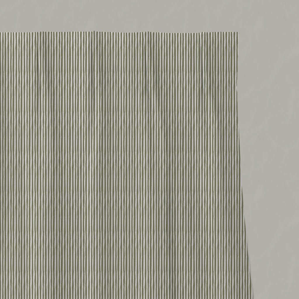 Green Striped Linen Pleated Curtains - Maisa Moss - White base fabric.