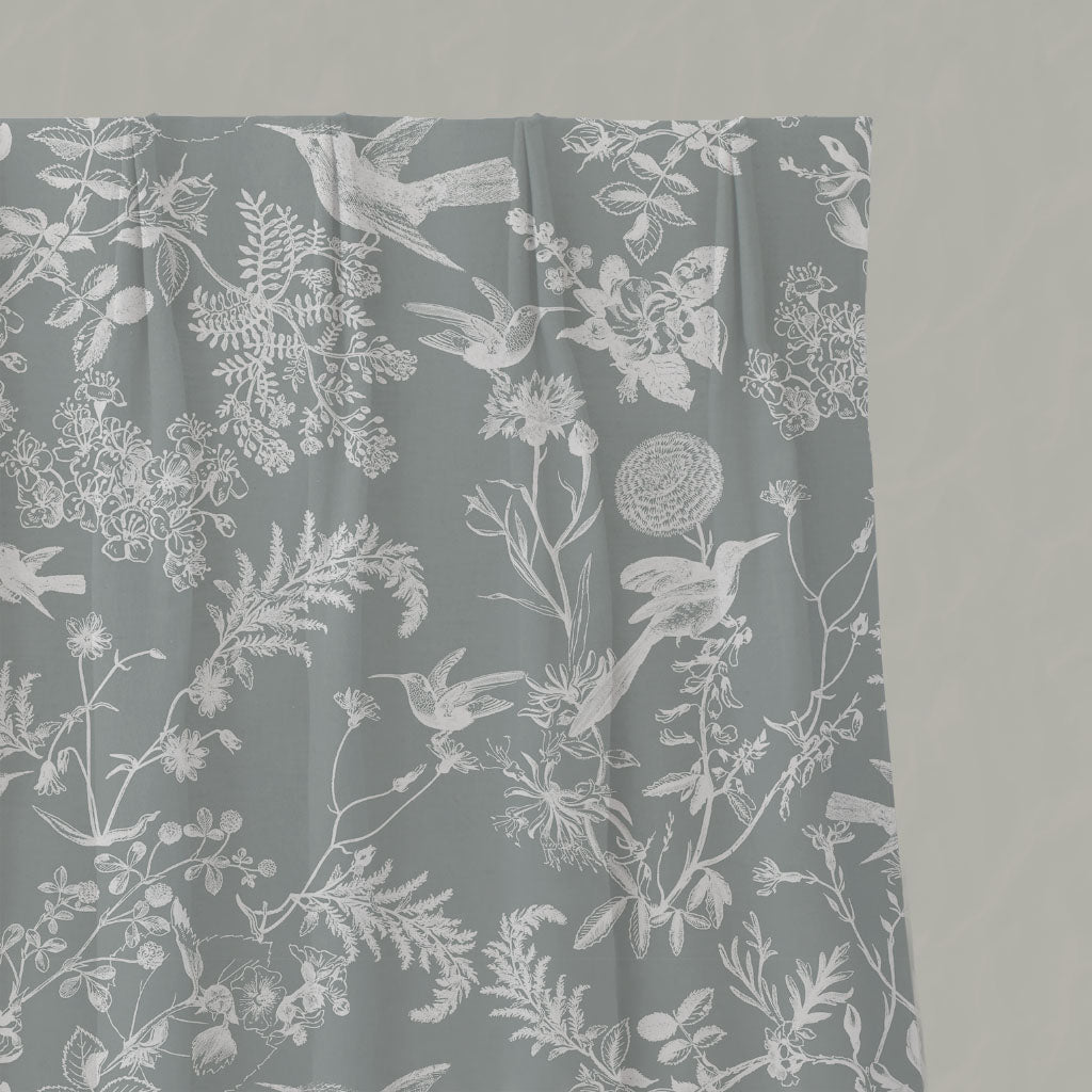 Grey Floral Linen Pleated Curtains - Marianne Greige - White base fabric.