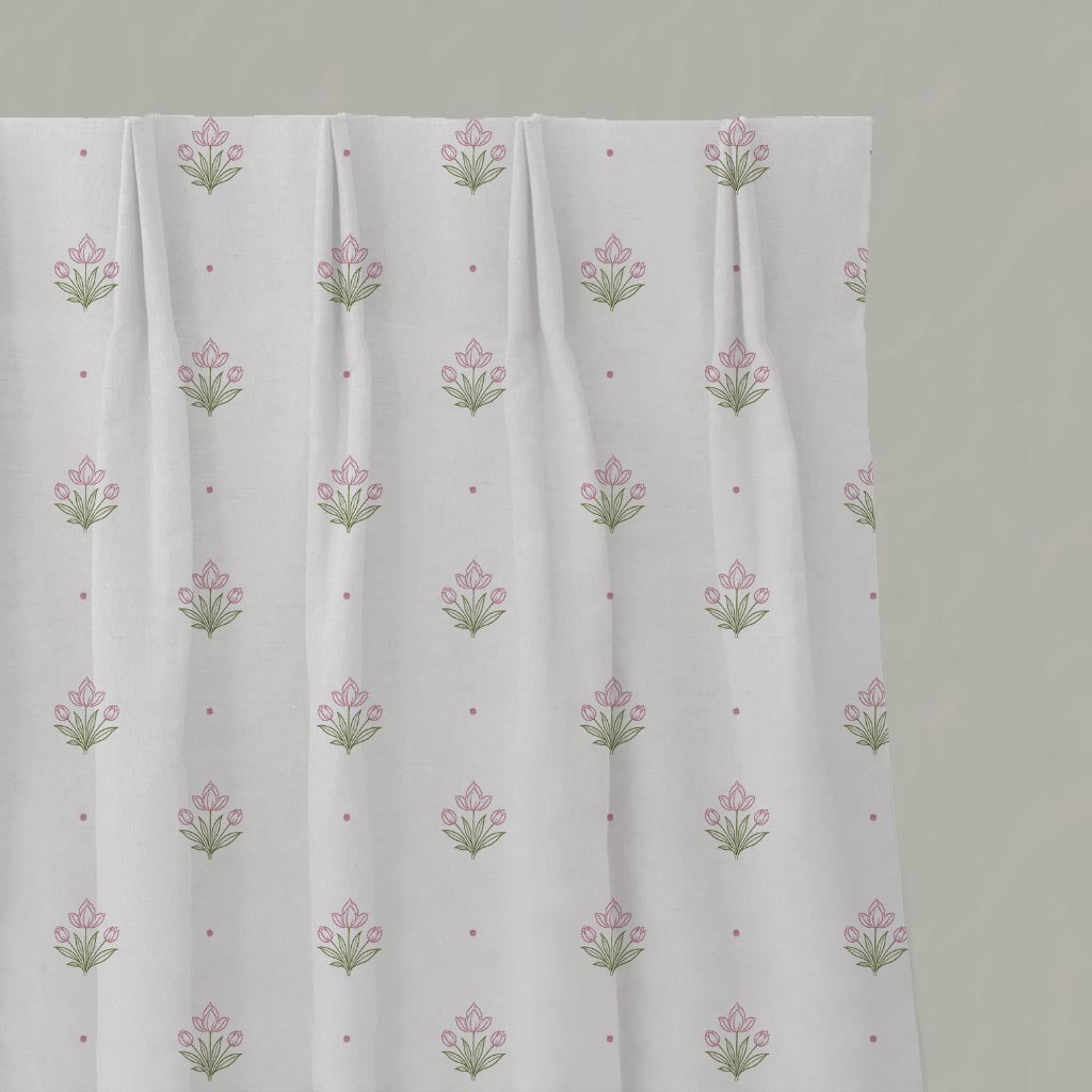 Pink Floral Linen Pleated Curtain - Maryam Pink-WHT - White base fabric.