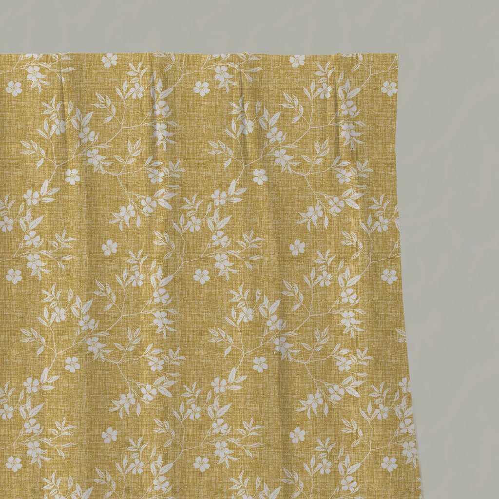 Yellow Floral Linen Pleated Curtains - Merisa Gold Amber - White base fabric.