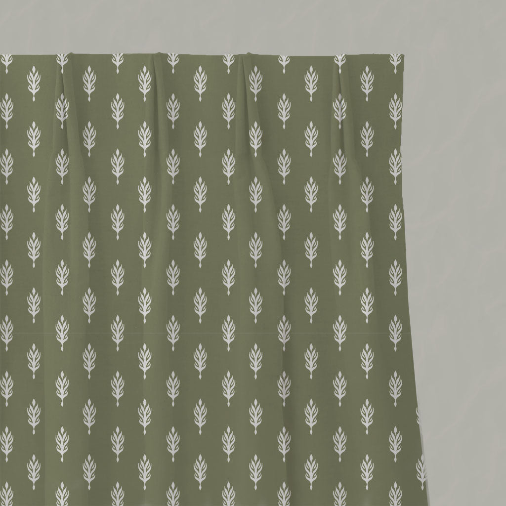 Green Botanical Linen Pleated Curtains - Sariann-INV Moss - White base fabric.