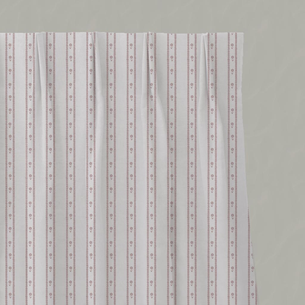 Pink Floral Stripe Linen Pleated Curtain - Silvian Peony-WHT - White base fabric.