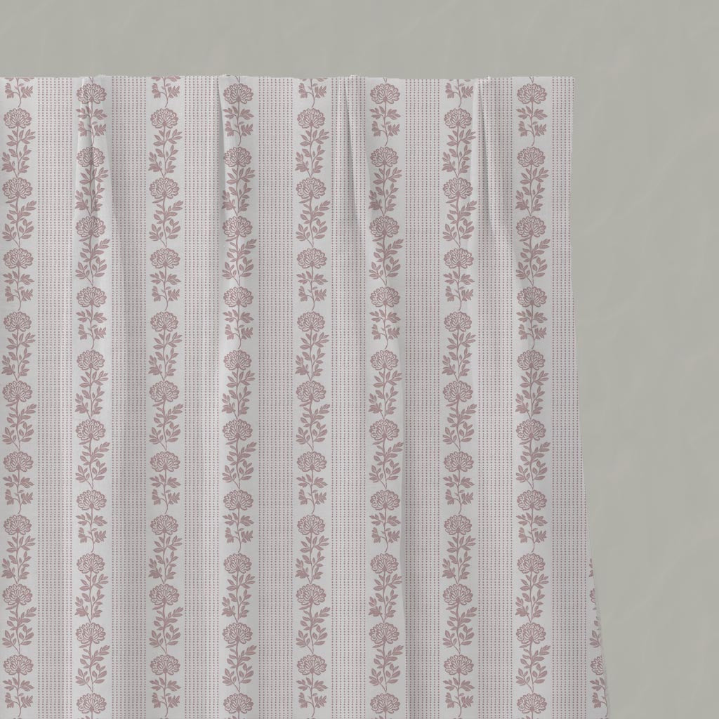 Pink Floral Stripe Linen Pleated Curtain - Skye Peony-WHT - White base fabric.