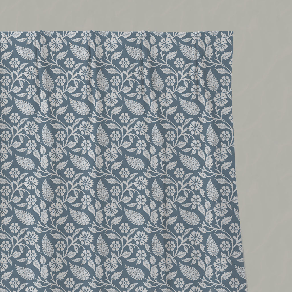 Blue Floral Linen Pleated Curtains - Sonja Agate Blue - White base fabric.