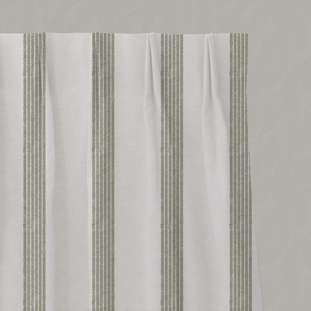 Green Striped Linen Pleated Curtains - Sumi Moss-WHT - White base fabric.