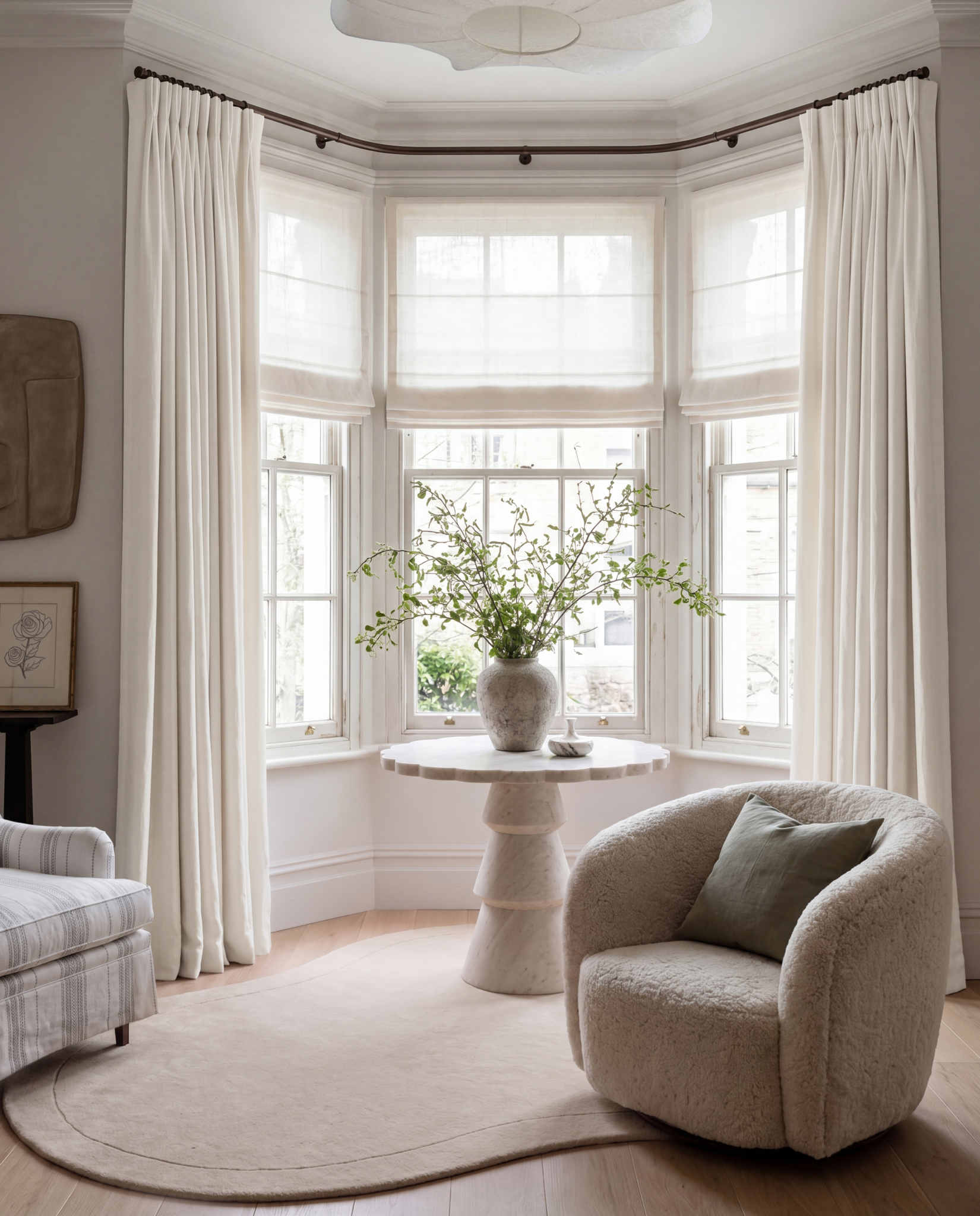 Pure White 100% Linen Bay window curtains. Beata Brilliant White by Ada & Ina