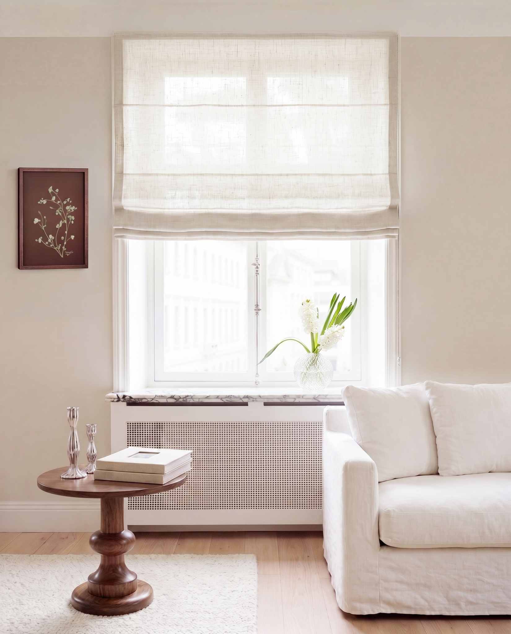 Pure White Linen Roman blind. Made of 280 cm wide soft 100% Linen fabric Vilgot Pure White by Ada & Ina