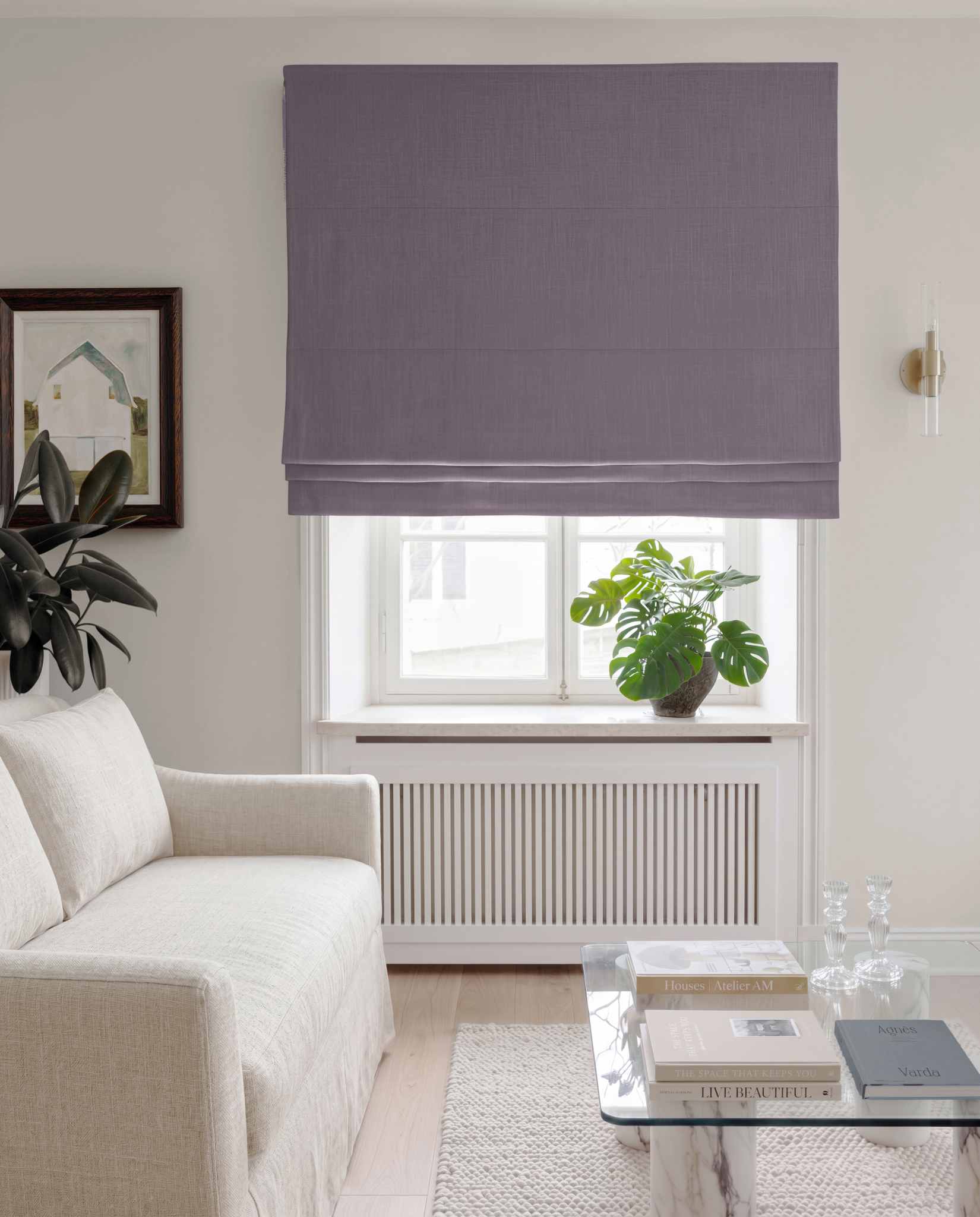 Purple Linen Roman blind blackout lined - pre-washed 100% linen. Bianco Plum by Ada & Ina.